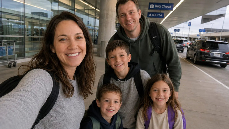 Happy family at airport with carry-on luggage only