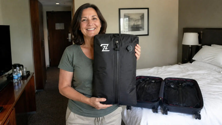 Nicole J. at airport with carry-on