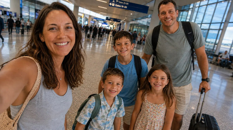 Woman smiling at airport gate with carry-on