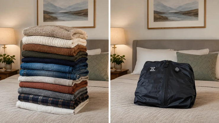 Clothes compressed in vacuum bag showing space savings